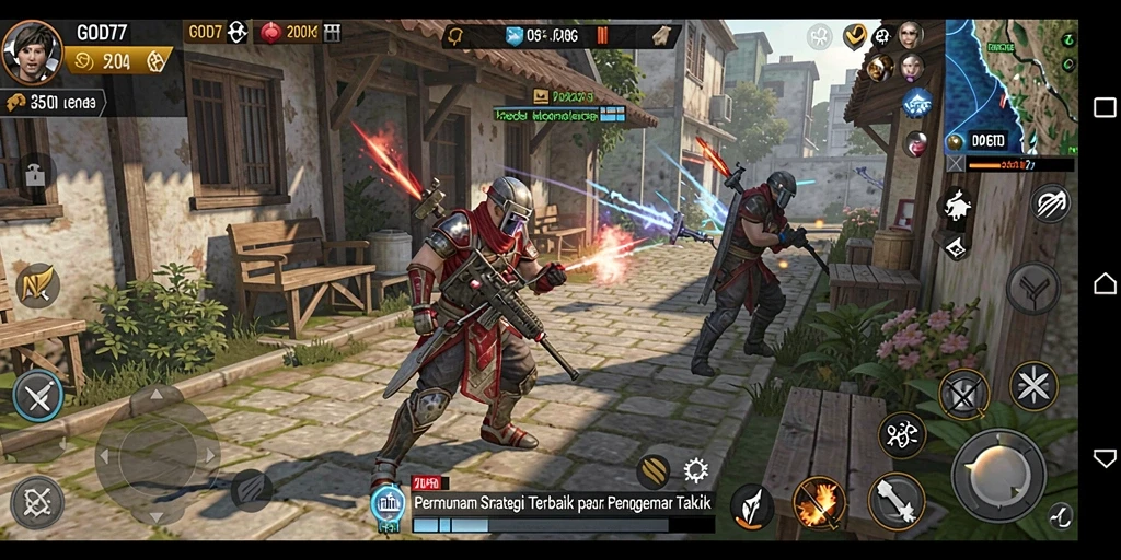 Screenshot menampilkan strategi dalam pertempuran di GOD77.