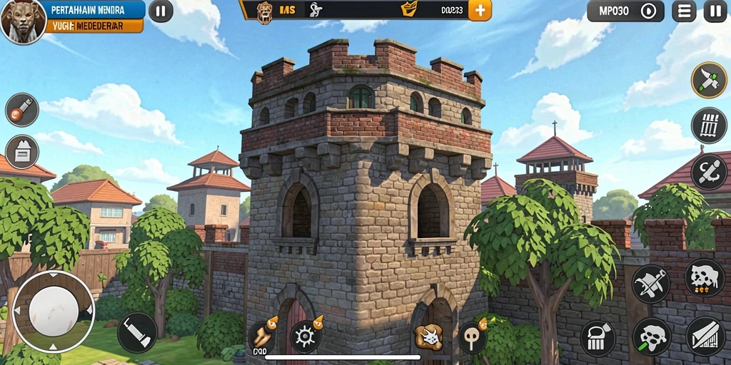 Tampilan menara dan gelombang musuh dalam gameplay MPO303.