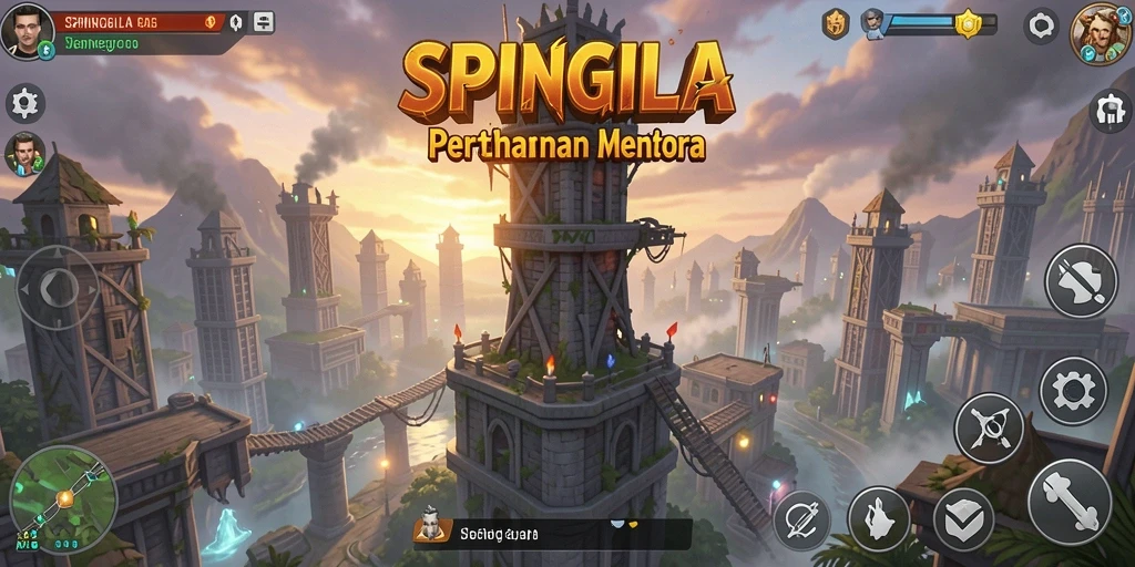Tampilan gameplay SPINGILA dengan menara dan musuh yang menyerang.