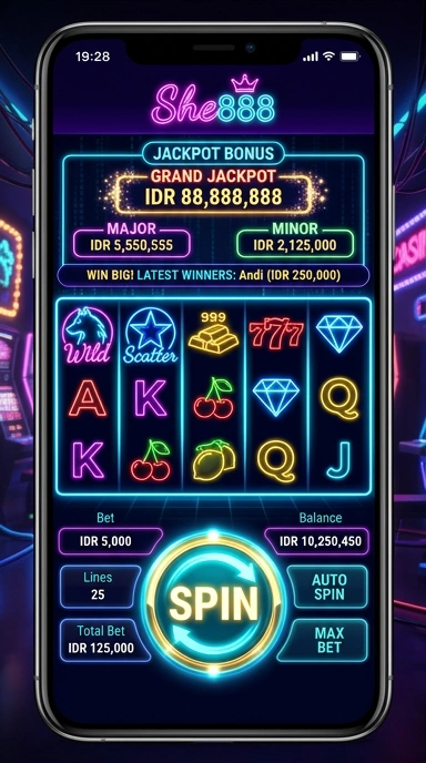 Tampilan halaman utama aplikasi she888 yang sederhana dan menarik.